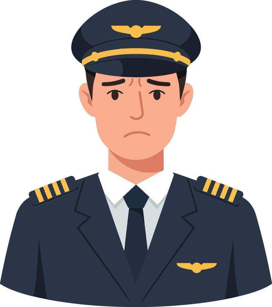 Professional male airline pilot in uniform with a cap, flat design, displaying a serious expression in art vector