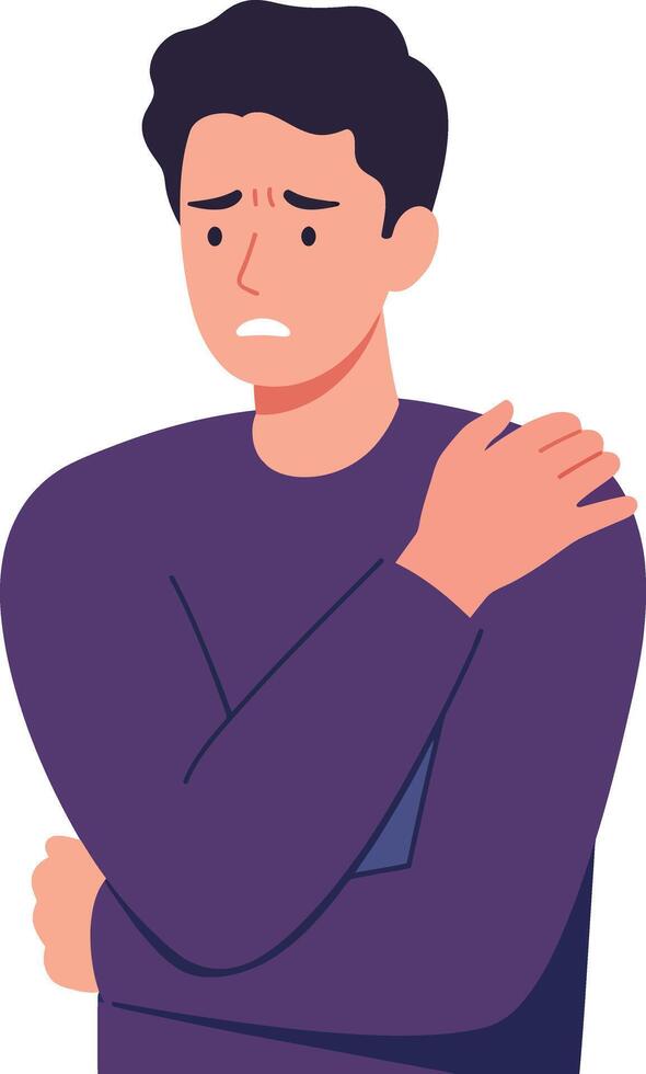 Concerned man in purple sweater holding his shoulder in a flat illustration depicting discomfort and uncertainty in a modern design style vector