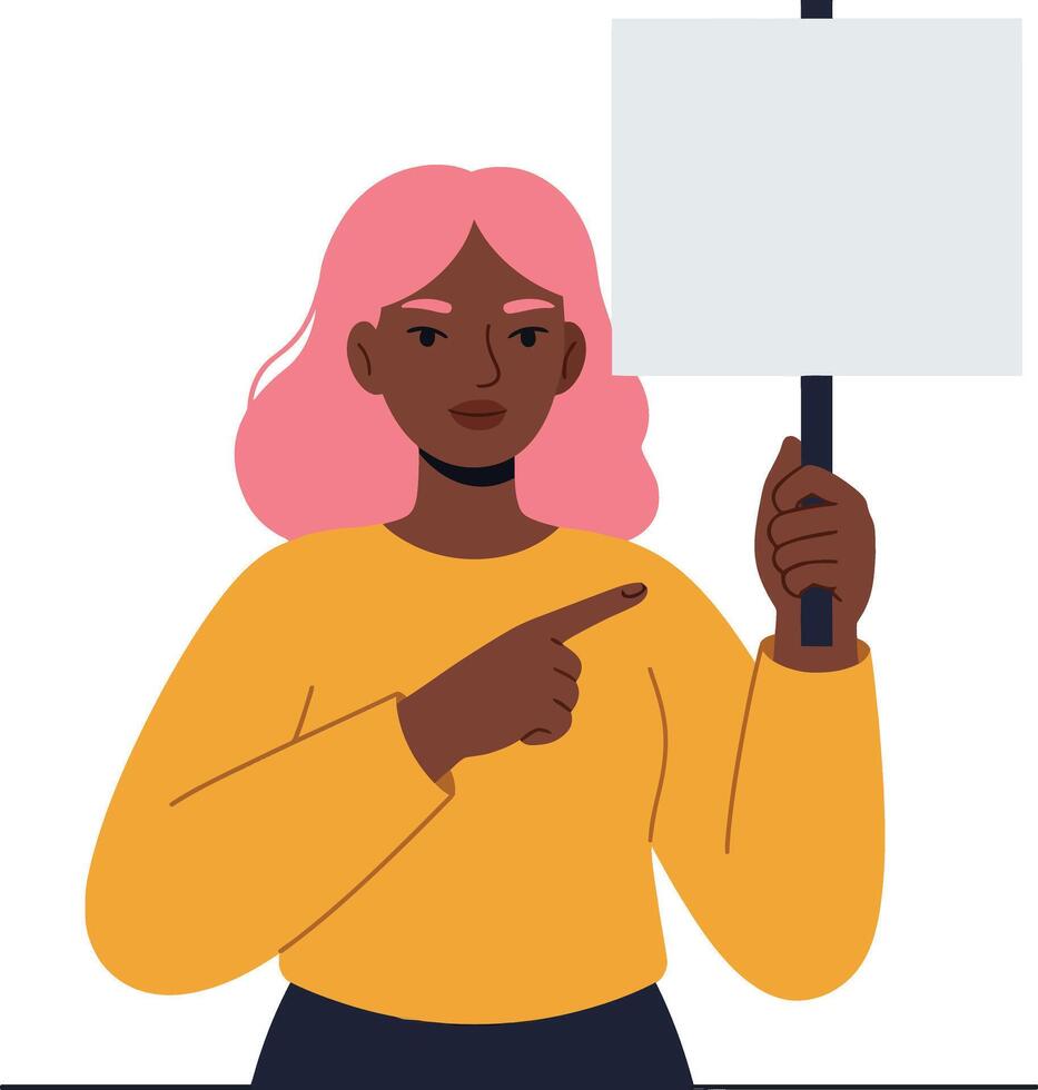 Woman with pink hair holding a blank sign while pointing, minimal illustration showcasing activism and determination in a modern style vector