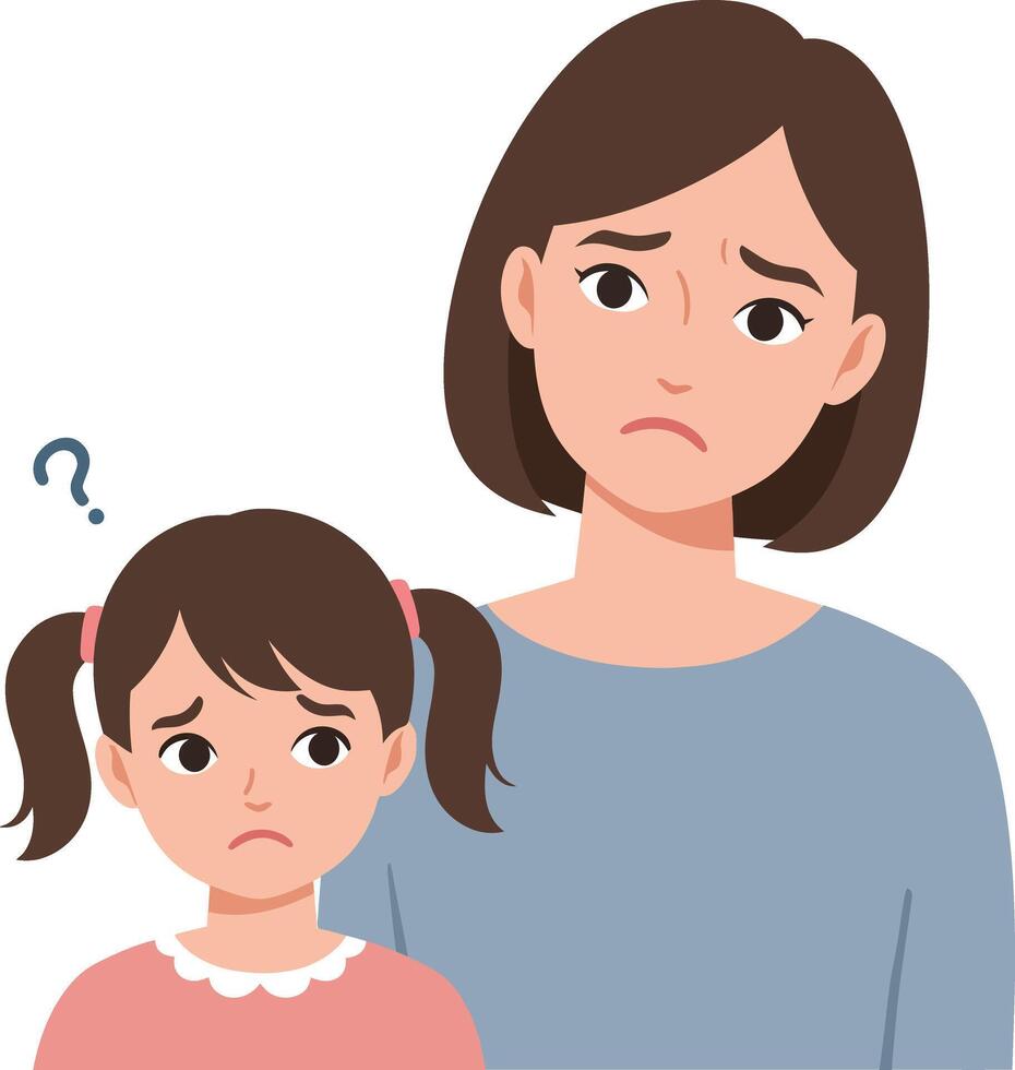 Concerned mother and daughter sharing a moment of sadness in flat illustration conveying emotional connection and empathy vector