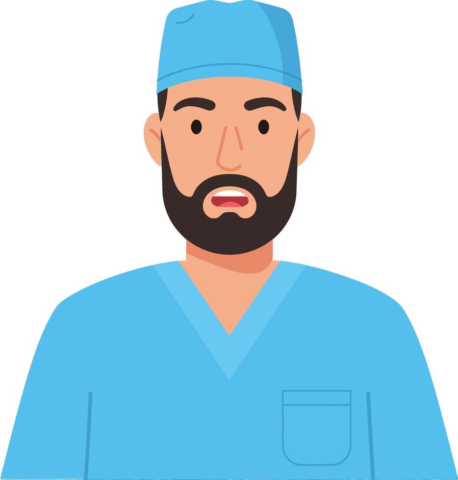 Male doctor wearing blue scrubs and a cap, displaying a serious expression, in a flat design style, illustration vector