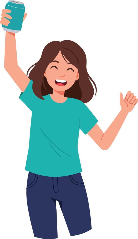 Happy young girl celebrating with a soda can, wearing a teal shirt and denim shorts in a joyful flat illustration vector