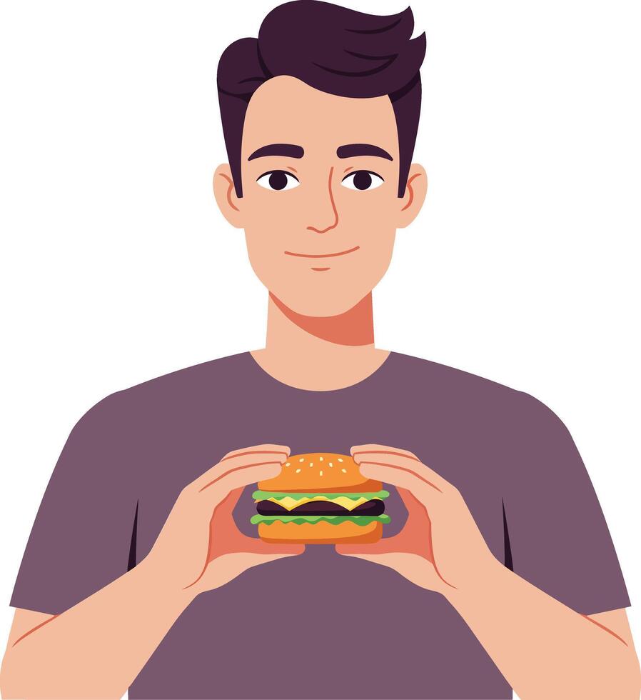 A young man smiling while holding a delicious hamburger in a minimal style illustration vector