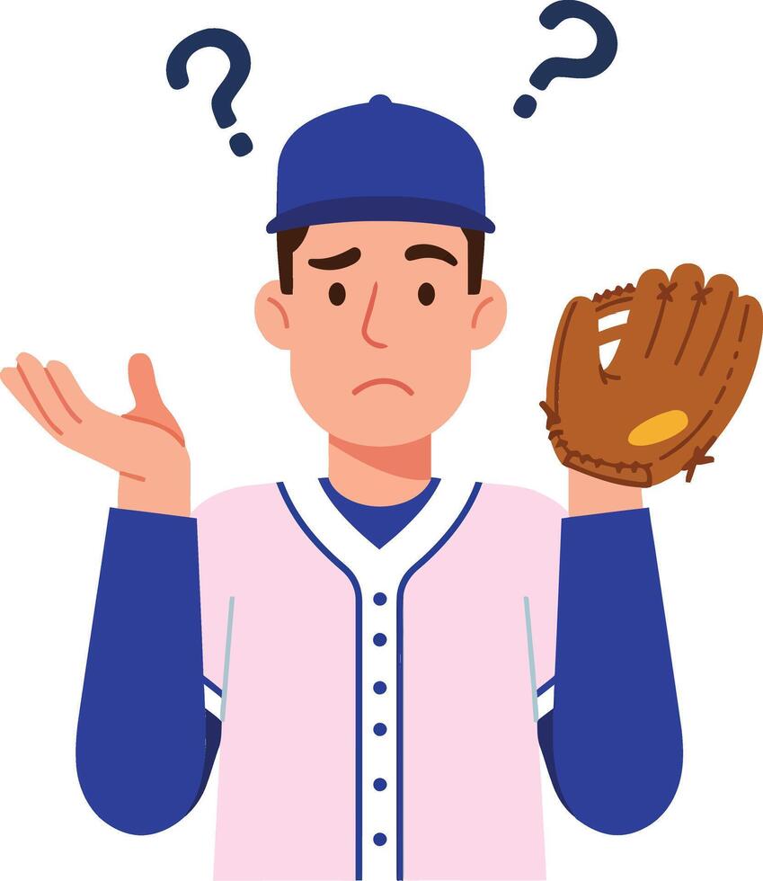 Baseball player in a pink jersey with a confused expression, wearing a blue cap, detailed illustration depicting uncertainty and contemplation on the field vector