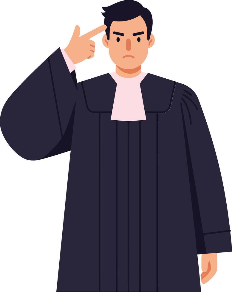 Judge in black robe with white collar making a gesture of thinking in flat illustration vector