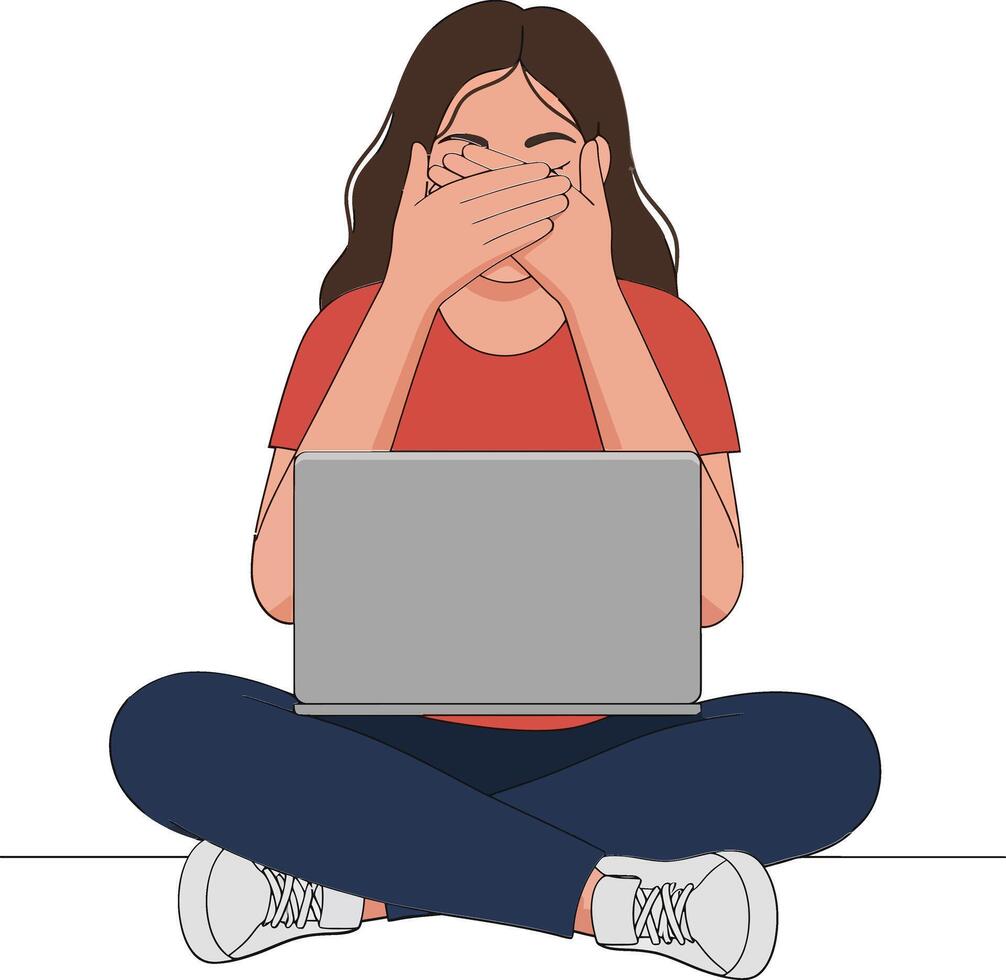 A woman sitting cross-legged in a casual outfit, showing stress while working on a laptop in flat art vector