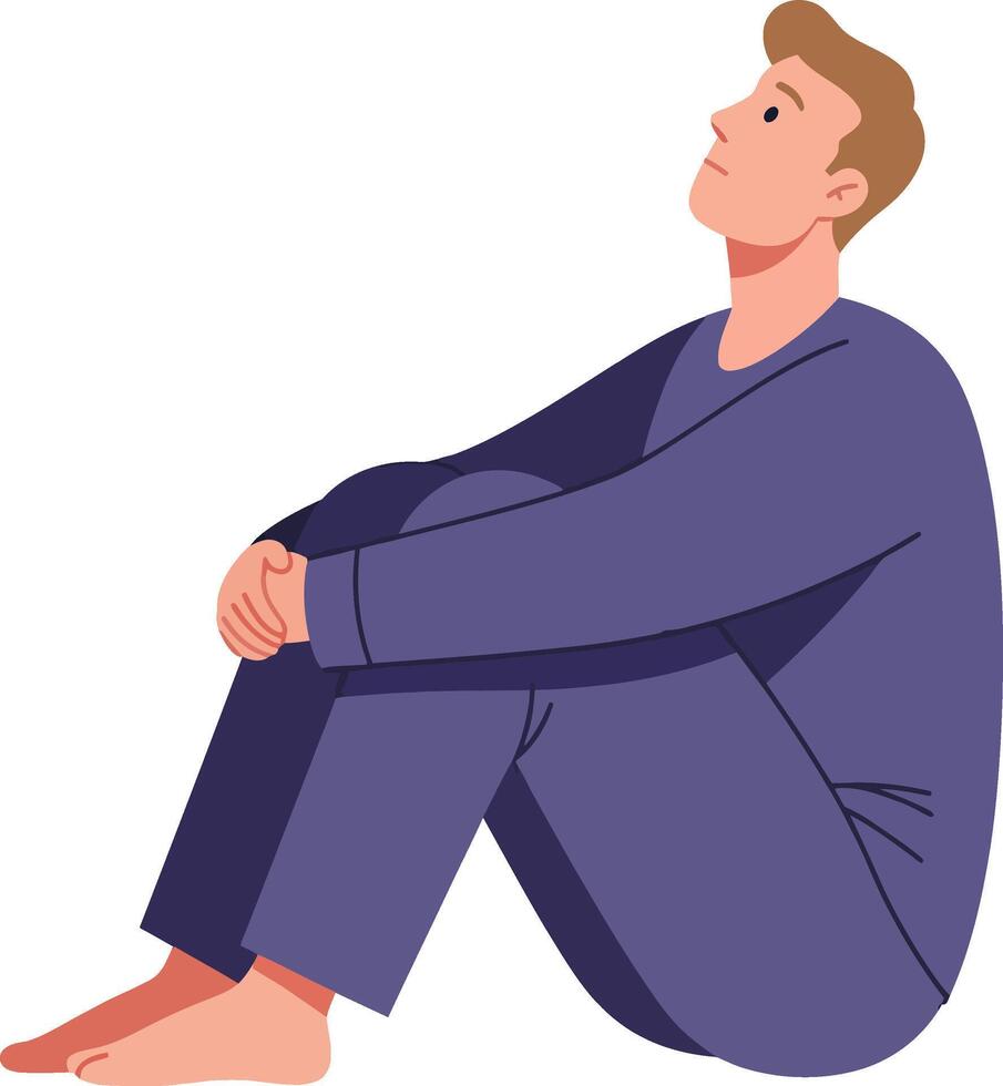 A thoughtful young man sitting on the floor in casual attire, showcasing minimal design style in illustration vector
