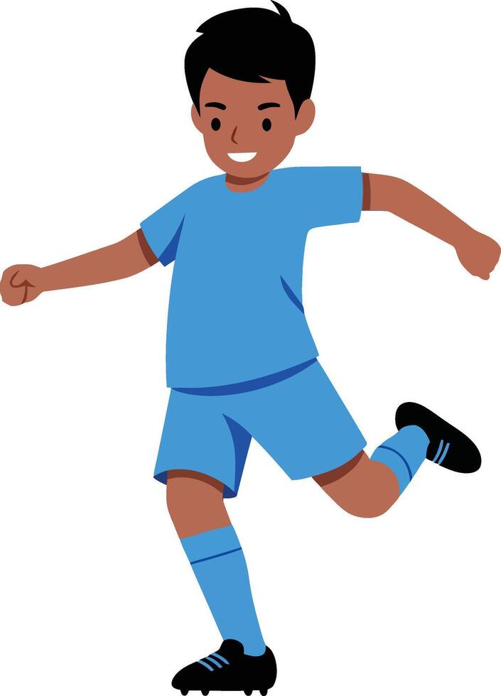 Young boy in a blue soccer uniform joyfully running on a field with enthusiasm in a flat illustration vector