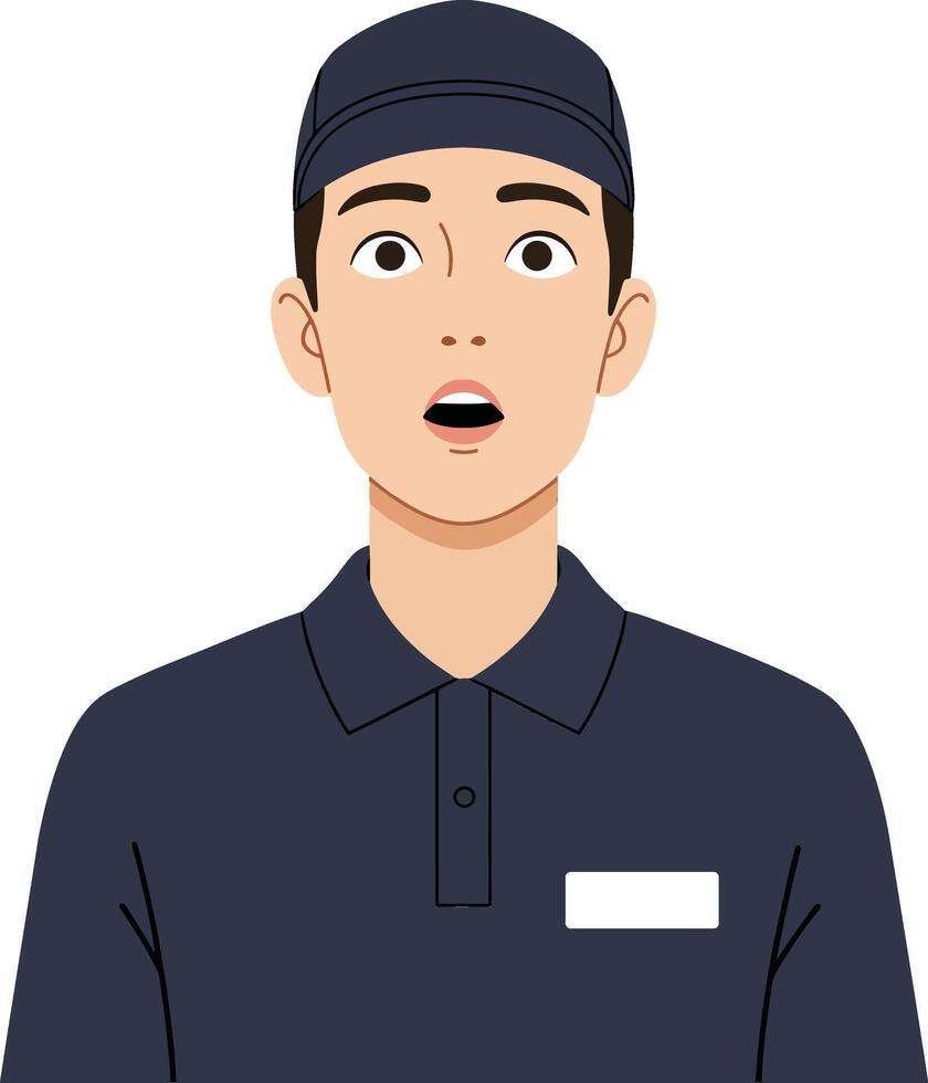Surprised young male employee in dark uniform with cap, expressive facial features in minimal illustration vector