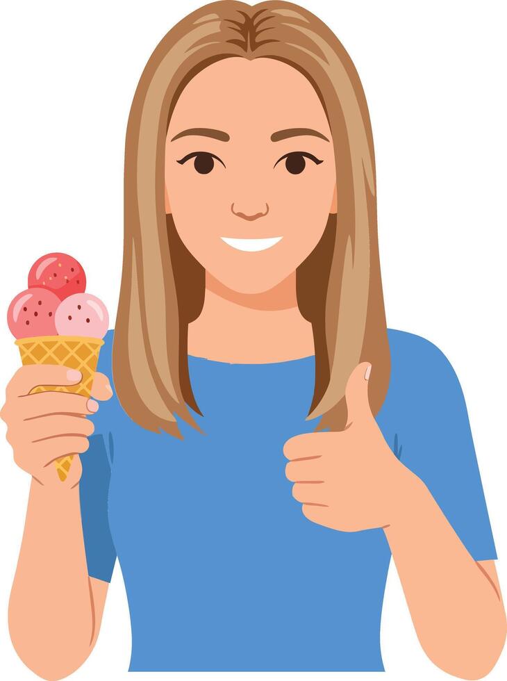 Happy girl enjoying ice cream cone while giving a thumbs up in a cheerful flat illustration vector