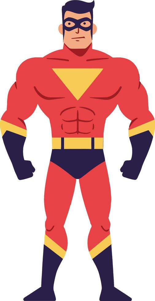 Bold superhero character standing confidently in a dynamic pose, showcasing a flat design style in vibrant colors, perfect for illustration vector