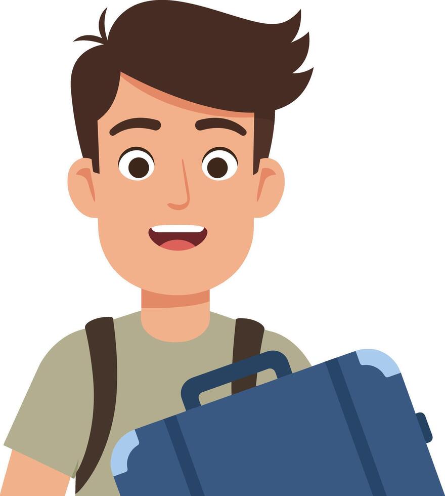 Cheerful young man with backpack holding a blue suitcase in a minimal flat design illustration vector