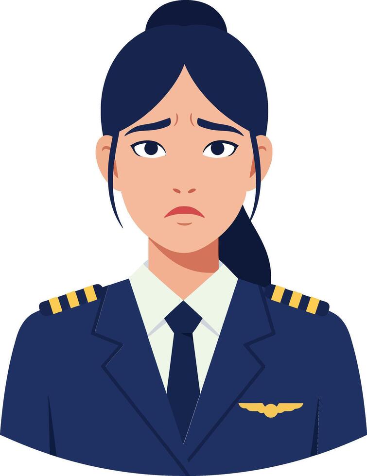 Professional female pilot in a navy uniform with epaulettes showing concern in a minimal flat illustration vector