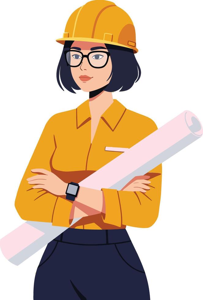 Confident female construction worker in a hard hat and glasses holding architectural plans, flat illustration showcasing professionalism and determination vector