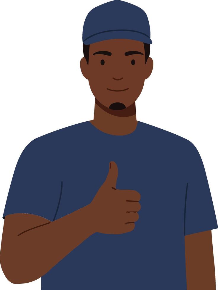 Cheerful young man wearing a blue cap and shirt giving a thumbs up in a flat illustration vector