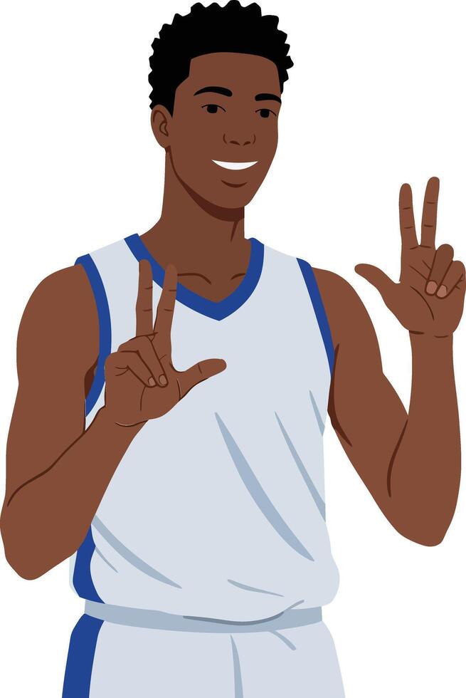 Young basketball player in a white jersey smiling and posing with victory signs in a flat illustration vector