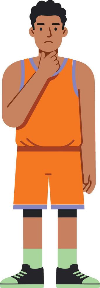 Thoughtful young basketball player in bright orange uniform with green sneakers, standing in a pose of contemplation, depicted in a minimal illustration vector