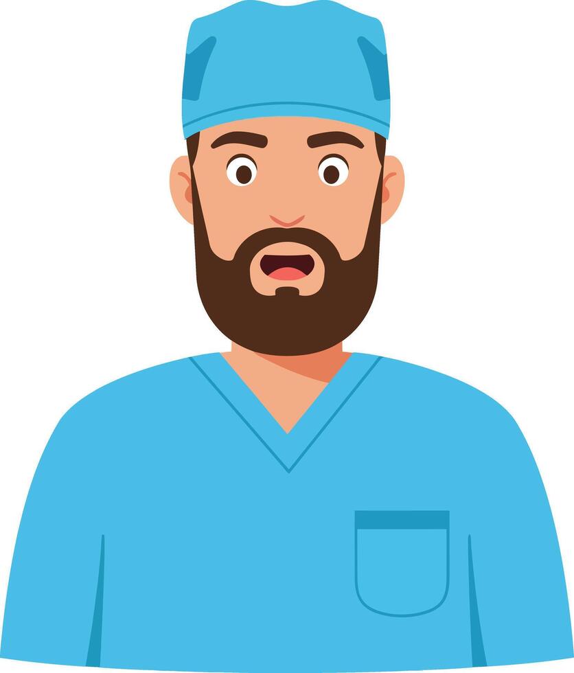 Doctor with a concerned expression wearing a blue surgical cap and scrubs in a flat art style vector