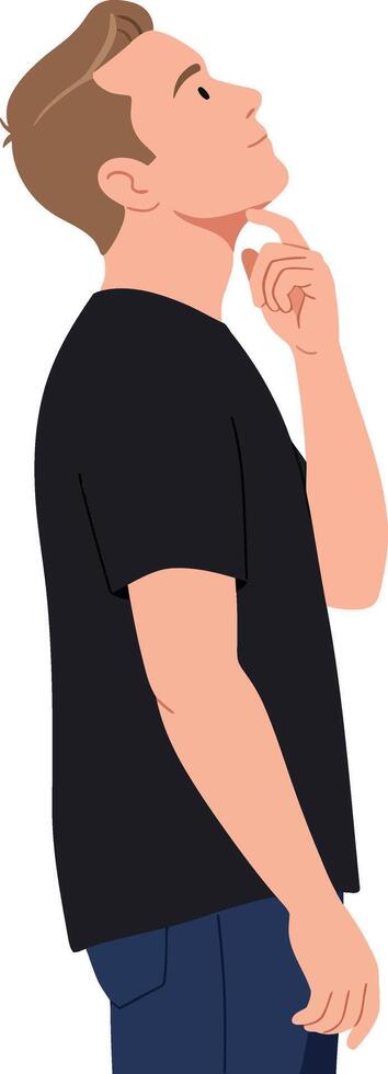 Thoughtful young man in a black t-shirt pondering his ideas in a minimalistic style illustration vector