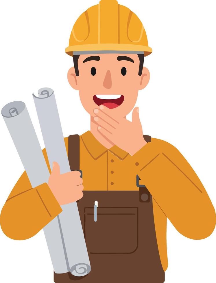 Construction worker smiling while holding rolled blueprints, wearing a yellow hard hat and brown overalls in a flat illustration vector