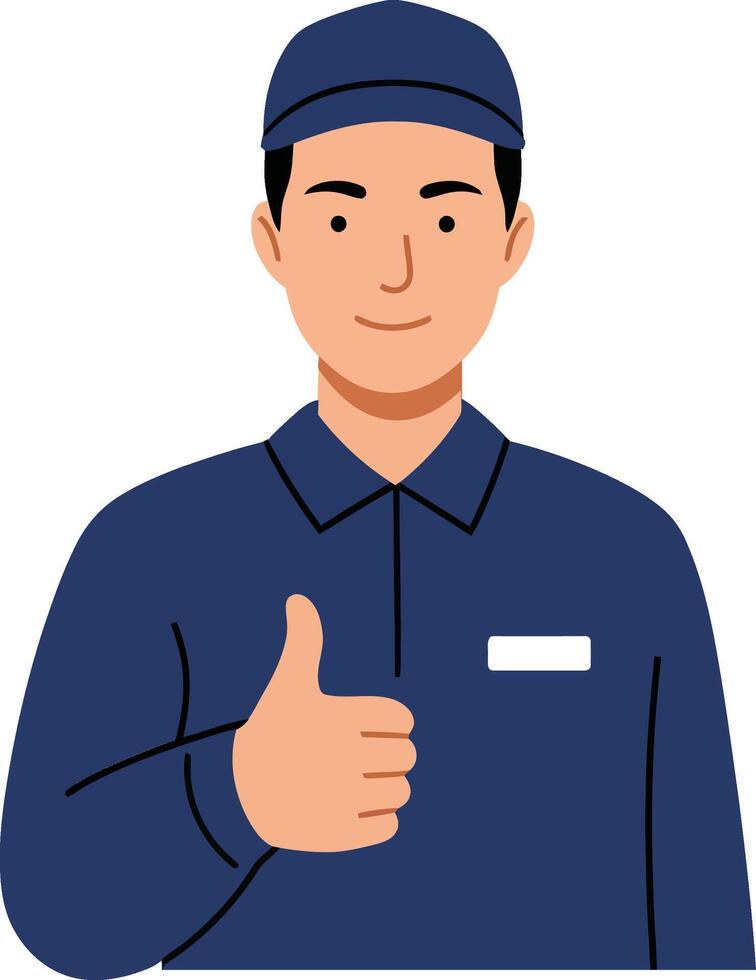 Friendly service worker in blue uniform giving a thumbs up in flat art style, expressing positivity and readiness to assist customers in a professional setting. vector