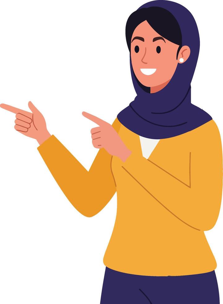 Cheerful woman in hijab gesturing with enthusiasm while wearing a yellow sweater, flat design illustration vector