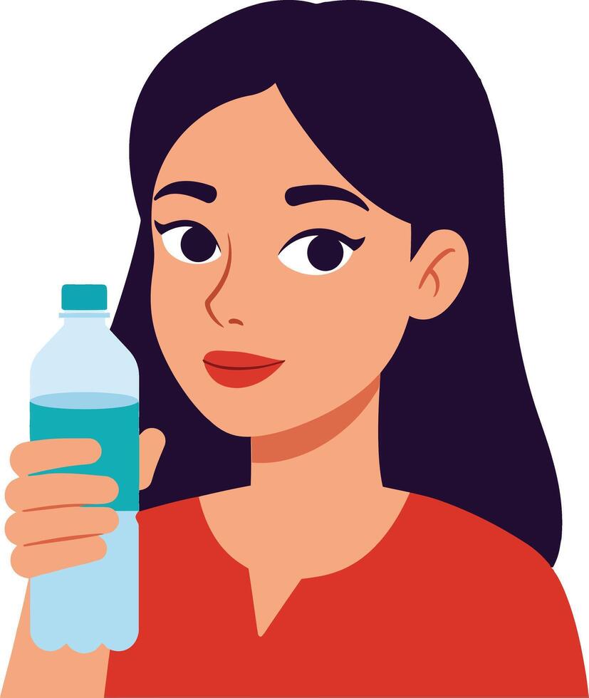 Young woman holding a bottle of water in a casual setting, featuring flat design style, conveying a refreshing and healthy lifestyle in illustration vector