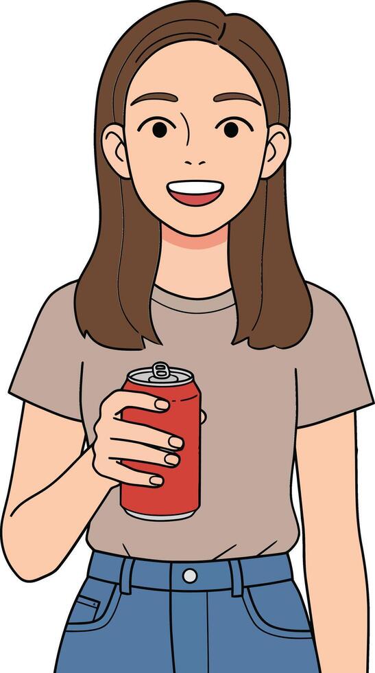 A cheerful young woman with brown hair holding a red soda can in a flat illustration style conveying joy and casual simplicity in a modern setting art vector