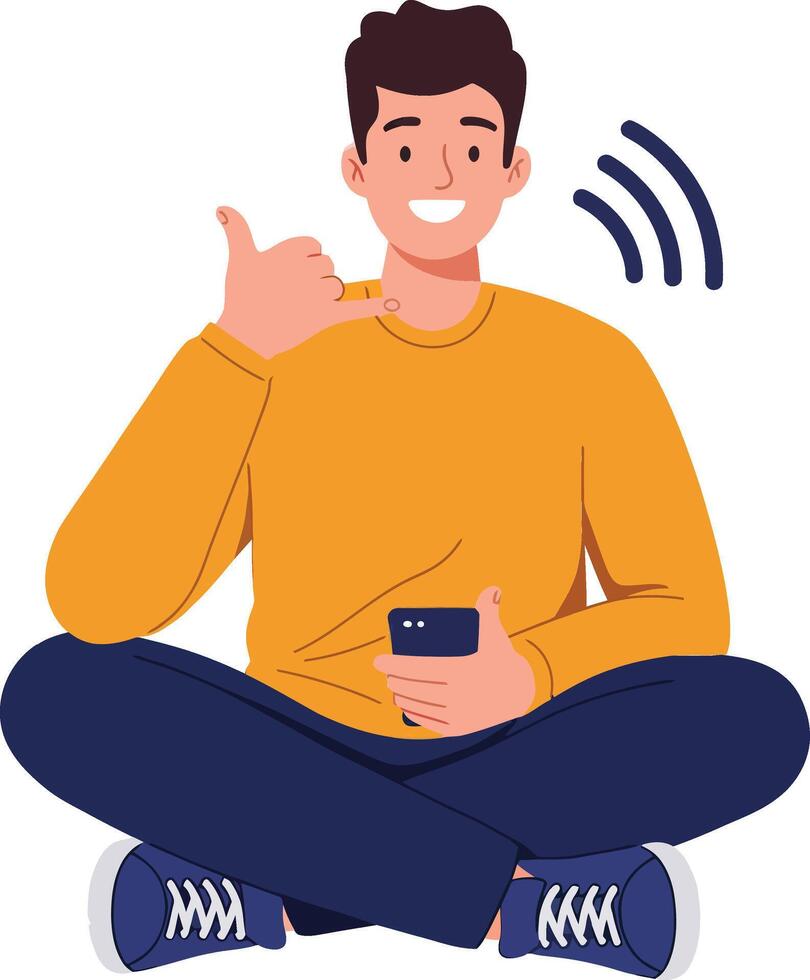 Cheerful young man sitting cross-legged while holding a smartphone and making a call in a flat illustration vector