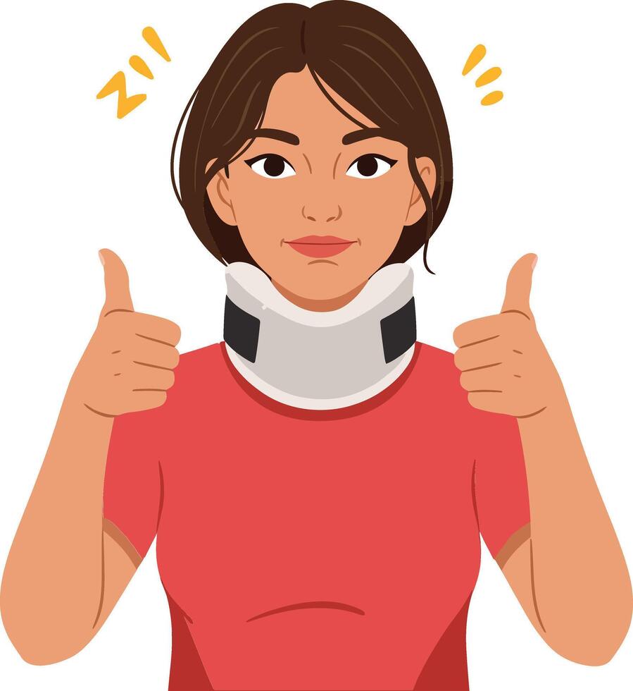 Young woman with a neck brace giving a thumbs up in a minimal illustration showcasing positivity and resilience in a cheerful atmosphere vector