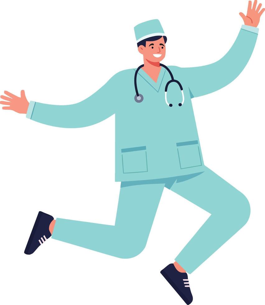 A joyful male doctor in scrubs jumping with excitement in a playful, flat design style, showcasing a vibrant and energetic mood in this illustration vector