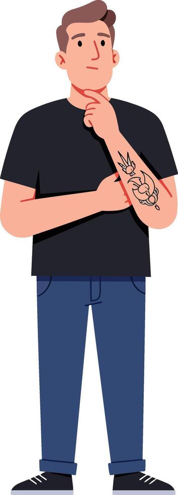 Young man with tattoos in casual attire standing confidently with a thoughtful expression in flat art vector