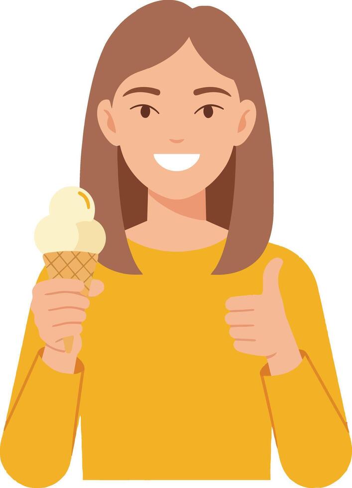Happy young woman in a yellow sweater enjoying ice cream cone while giving a thumbs up in a cheerful, minimal illustration vector