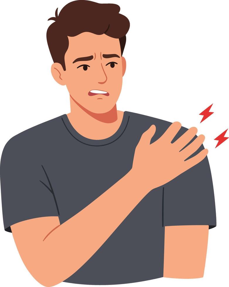 Concerned man holding his shoulder in discomfort, showcasing minimal design style, expressing pain and tension in this illustration vector