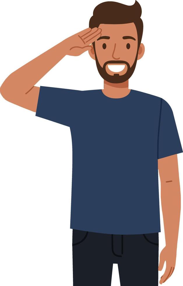 A cheerful young man saluting with a friendly smile in a minimal flat design illustration vector