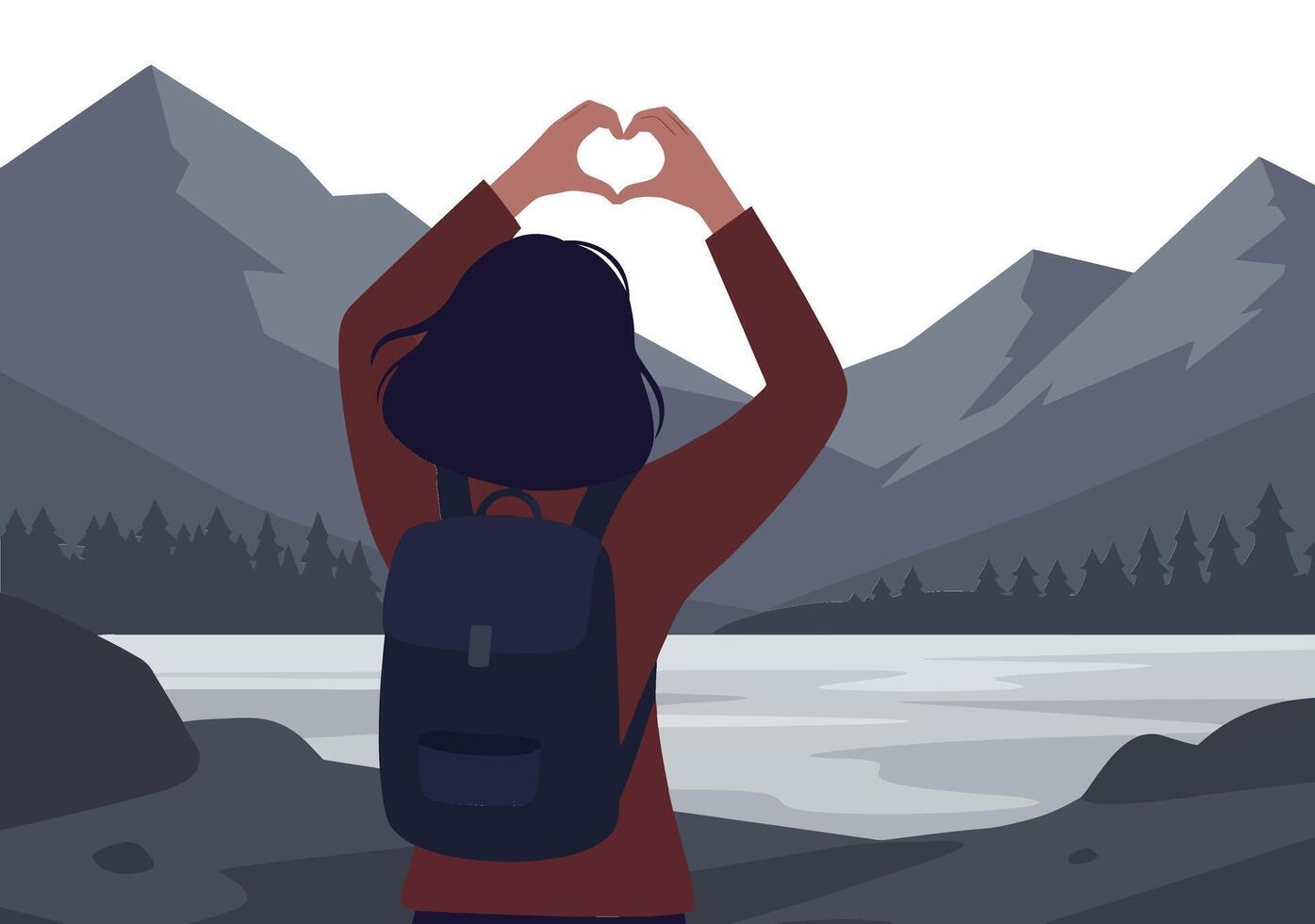 Woman with a backpack creating a heart shape with her hands against a scenic mountain lake in a flat illustration vector