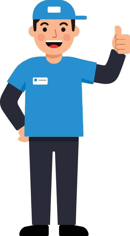 Happy male employee in blue uniform giving a thumbs-up gesture in a flat illustration style showcasing positivity and enthusiasm in a work environment art vector