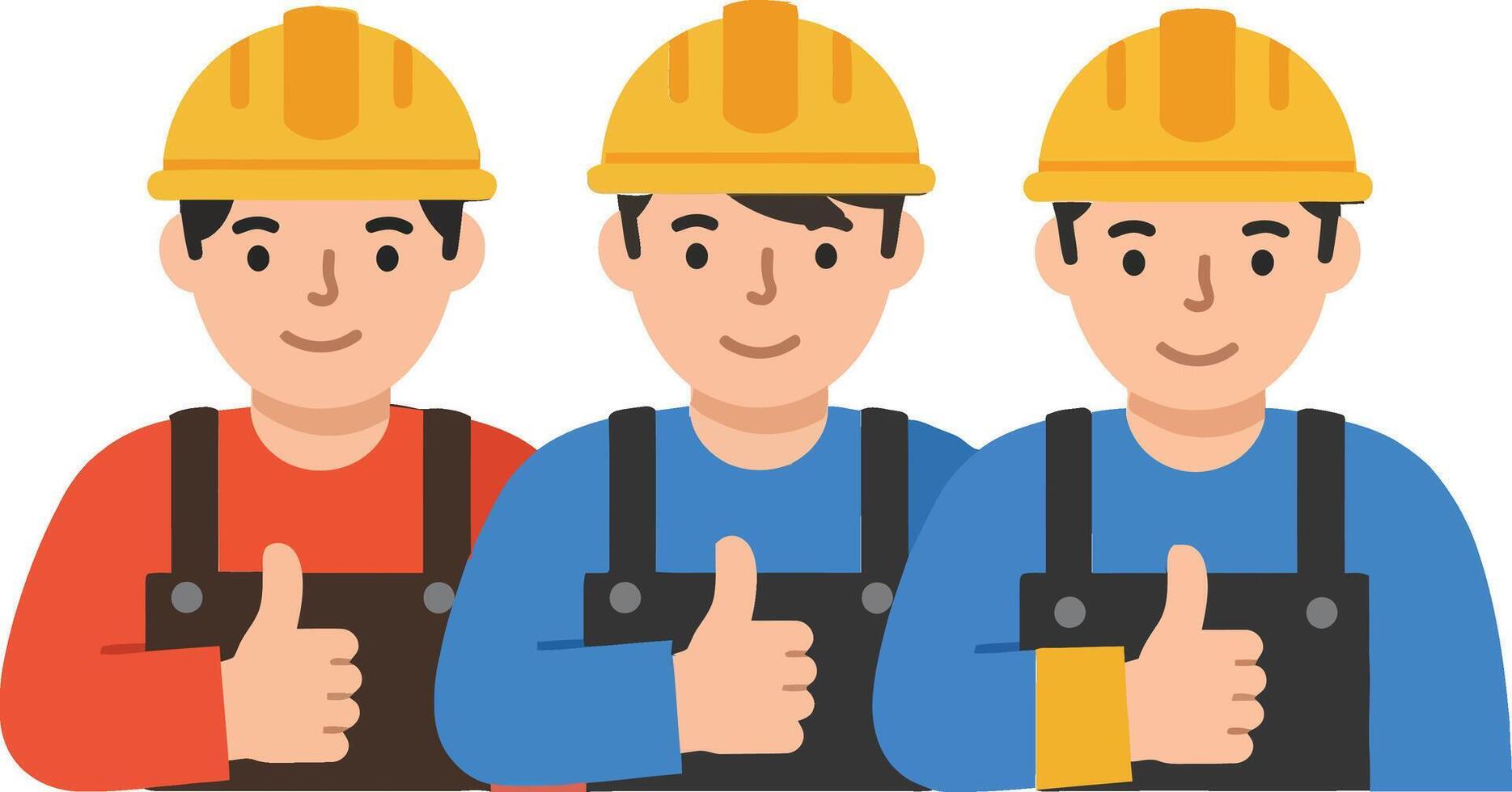 Three construction workers in colorful uniforms and hard hats giving thumbs up in a flat design illustration vector