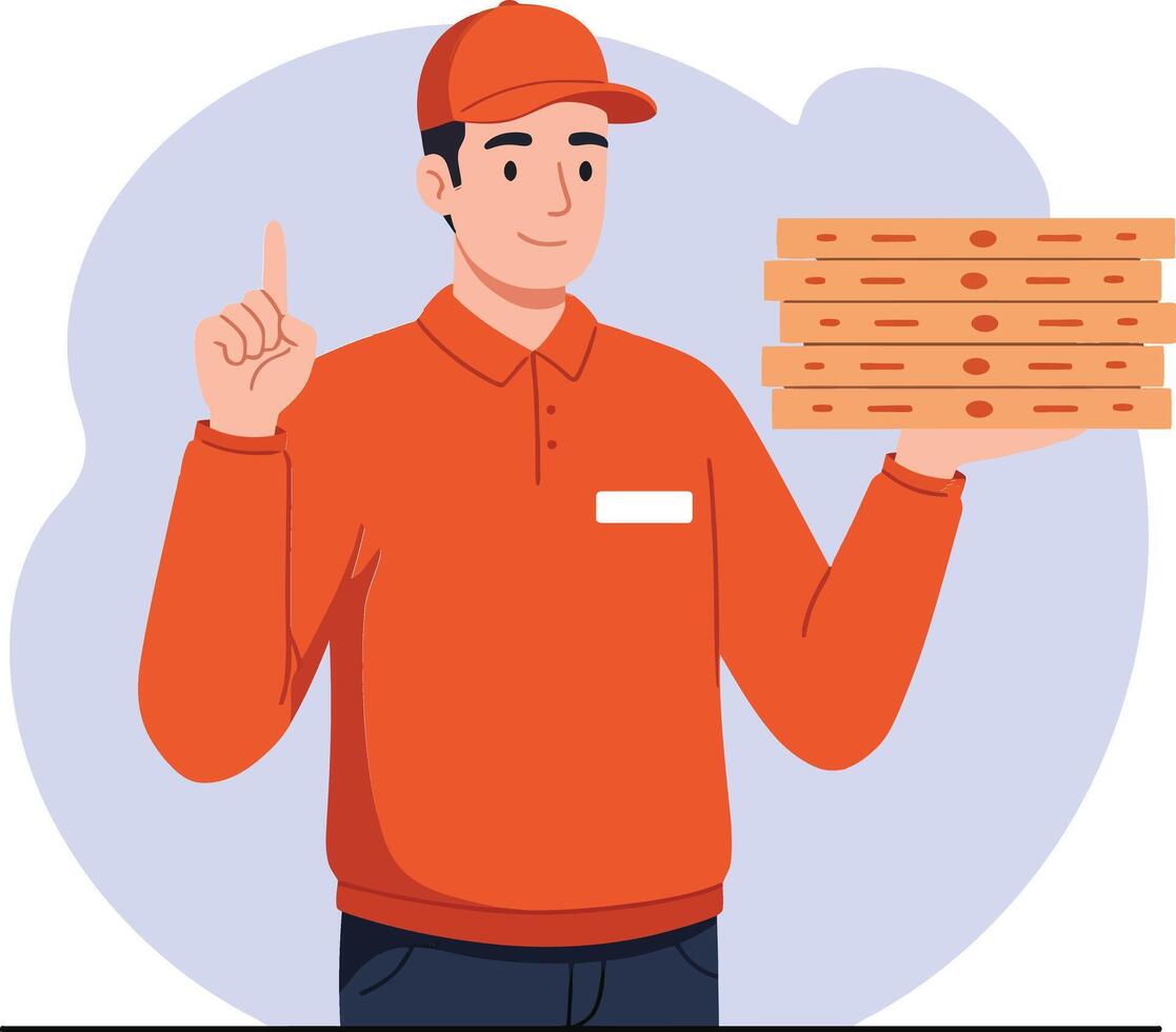 Delivery person in orange uniform holding stacked pizza boxes with a cheerful expression in flat art vector