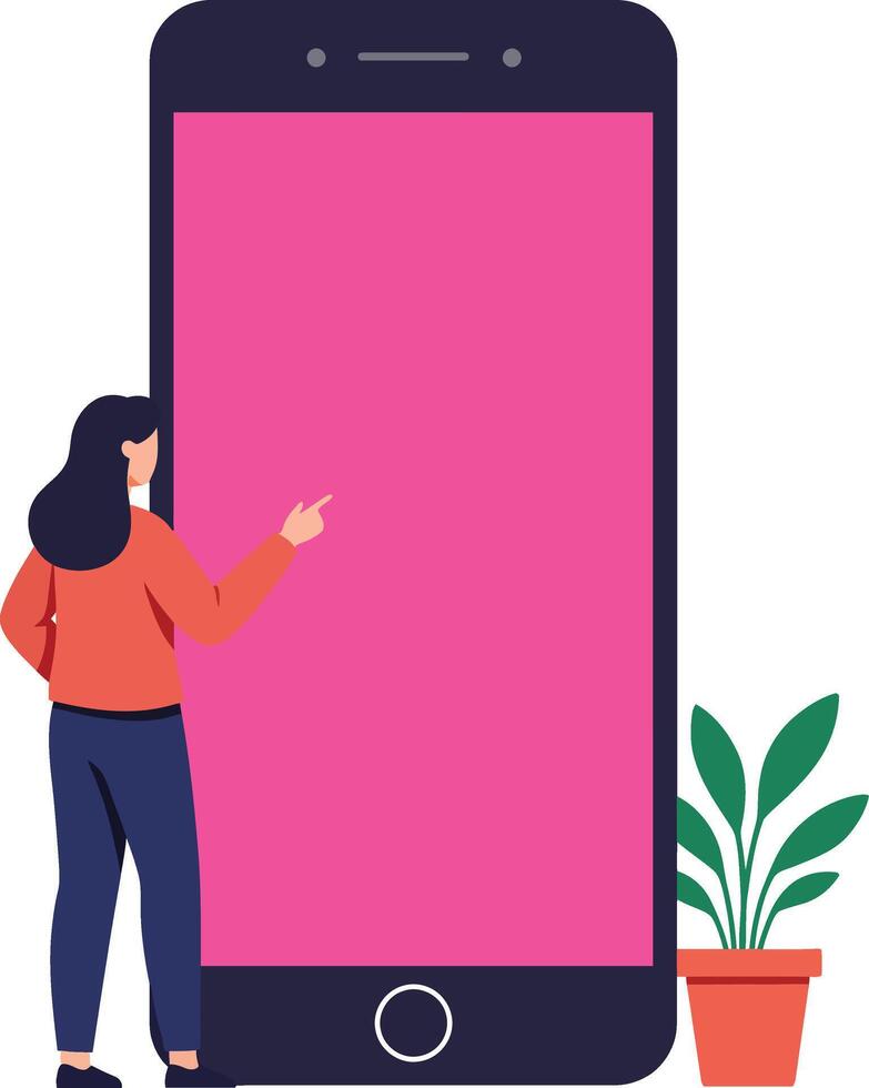 A woman standing beside a large smartphone with a blank screen, showcasing a minimal design style in vibrant colors, illustration vector