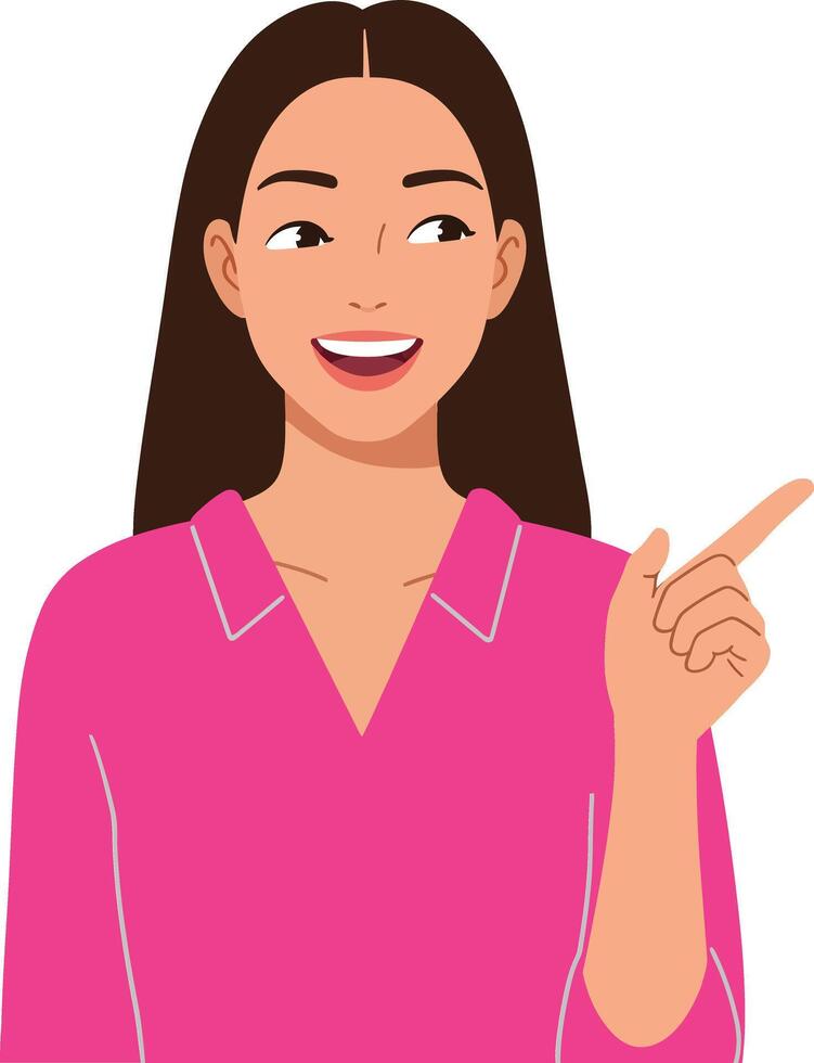 Cheerful woman with long brown hair pointing and smiling in a minimal flat design illustration vector