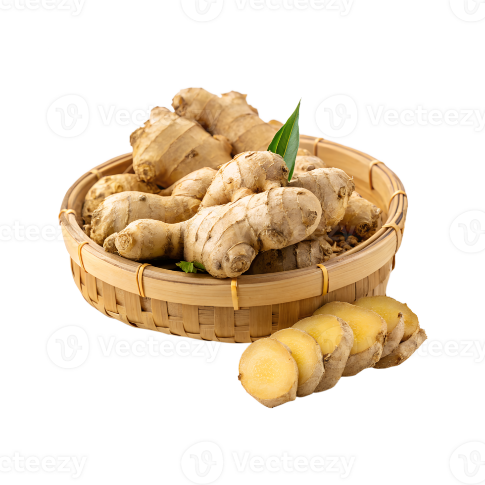 Fresh Ginger Roots in a Woven Basket png