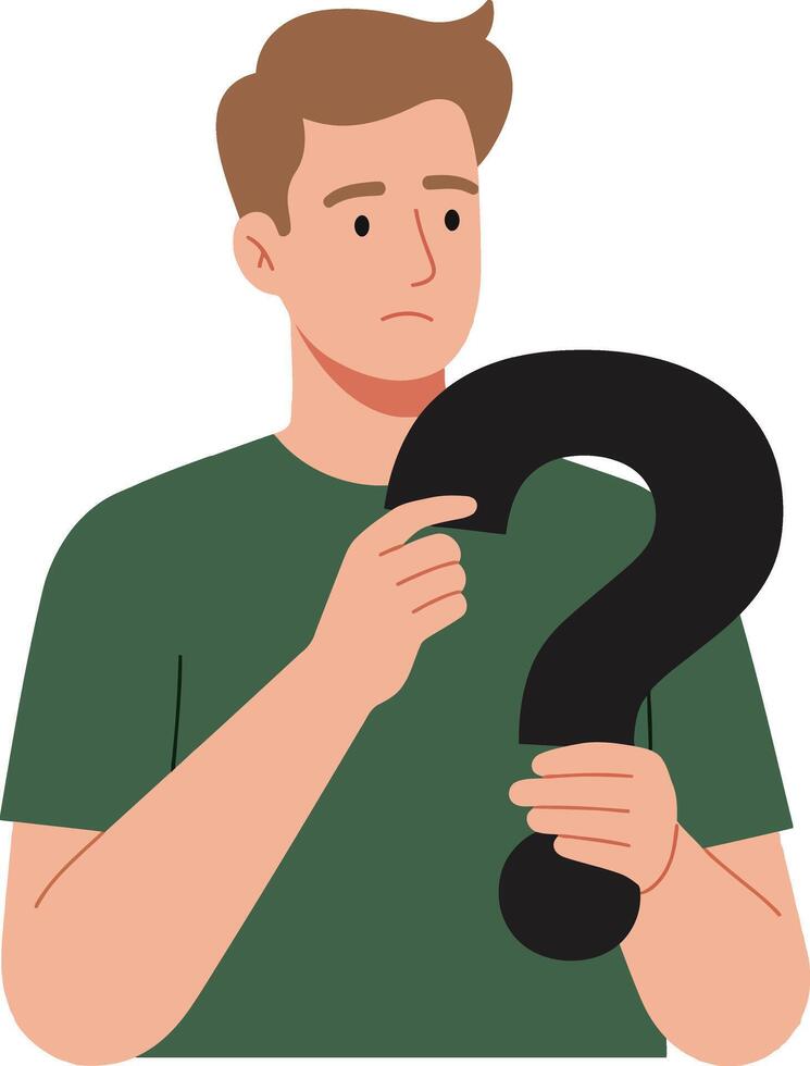 Thoughtful young man with short brown hair holding a large question mark in a minimal illustration vector