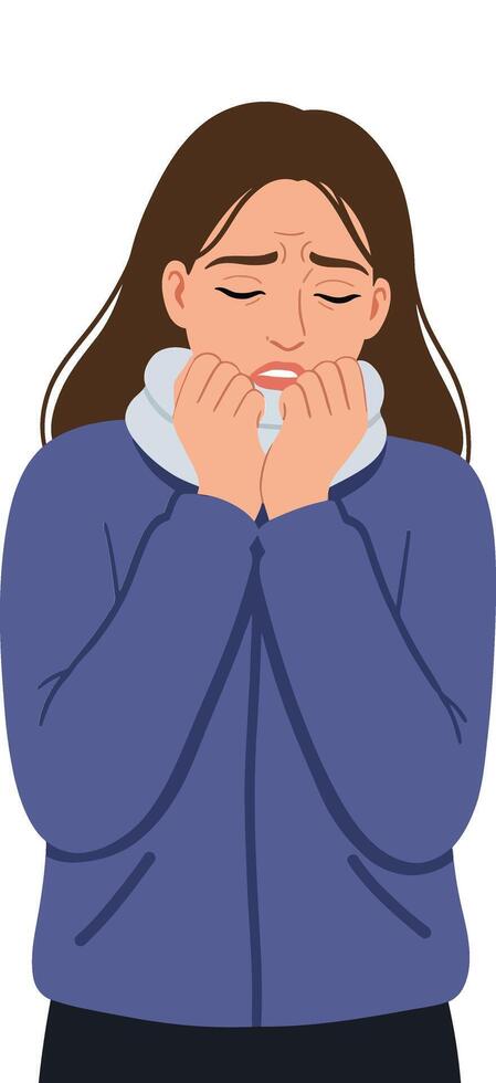 A woman expressing sadness with her hands on her face in a flat and minimal style illustration vector