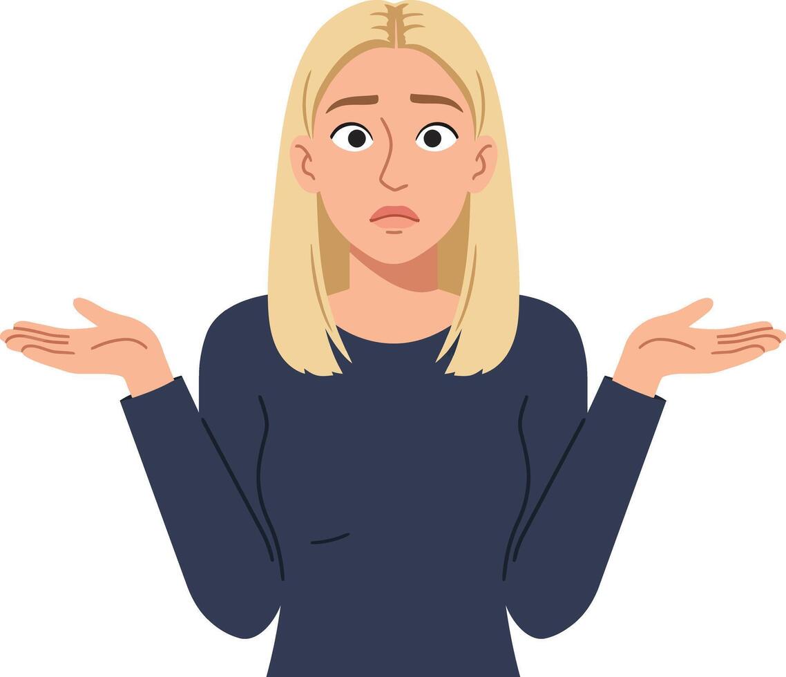 A woman with blonde hair displaying confusion in a minimal flat design style, raising her hands in uncertainty, expressing a puzzled mood in art vector