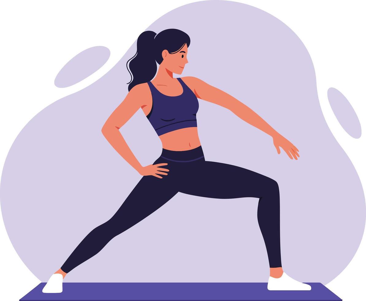 Active woman performing a yoga pose on a mat in a flat, minimal design style, showcasing strength and balance in illustration vector