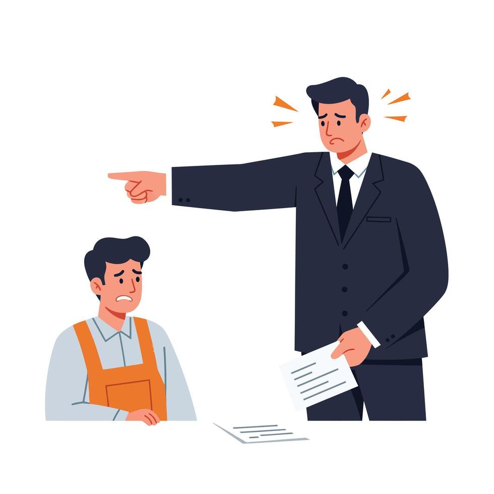 Boss in a black suit reprimanding a young worker in an orange apron, flat illustration capturing tension and authority in a workplace setting vector