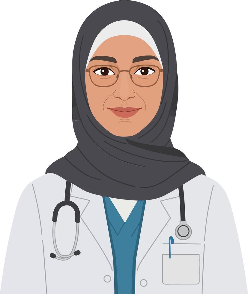 A confident female doctor wearing a hijab and glasses, showcasing professionalism in a minimal illustration with a stethoscope around her neck vector