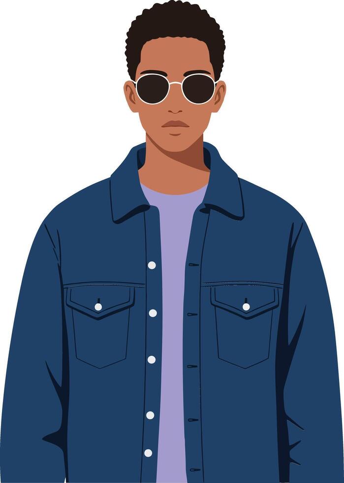 A young man wearing sunglasses and a denim jacket in a minimal, modern style showcasing confident demeanor and urban fashion trends, art vector