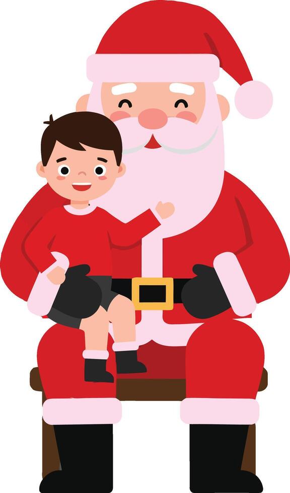 Cheerful Santa Claus holding a smiling child in a flat and colorful design style, showcasing joy and festive spirit in art vector